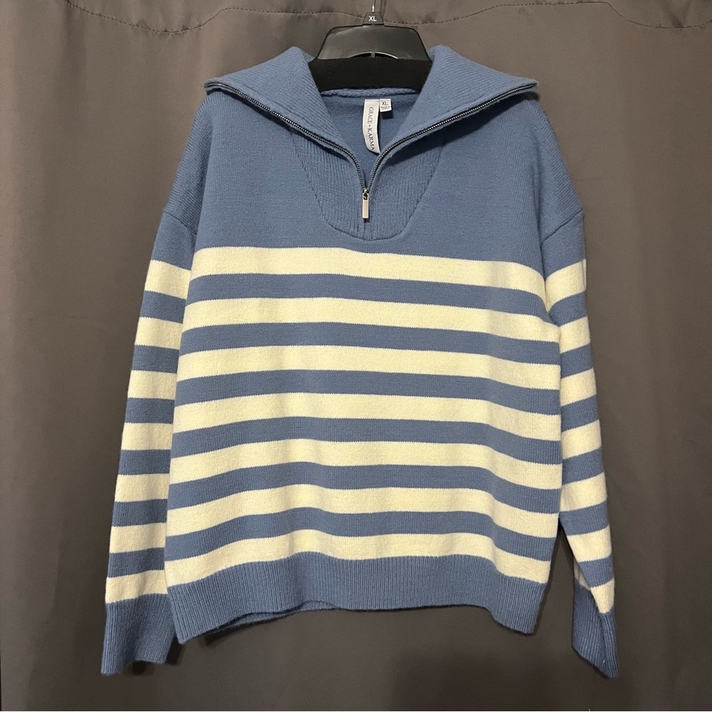 •new• Grace + Karma oversized blue and white striped quarter zip sweater